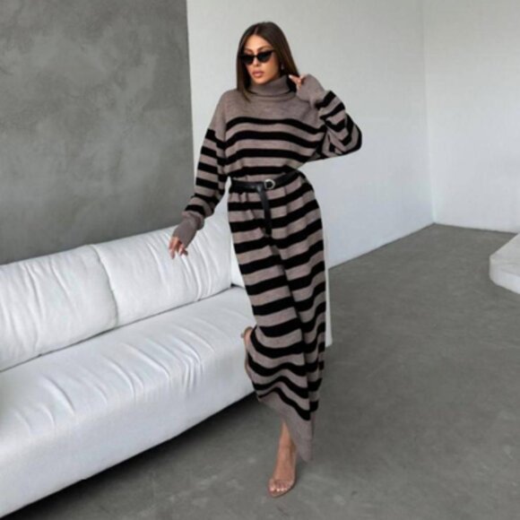 Striped Oversized Sweater Dress with Belt Casual Chic Gray/Black - S, M, L, XL - Picture 2 of 3